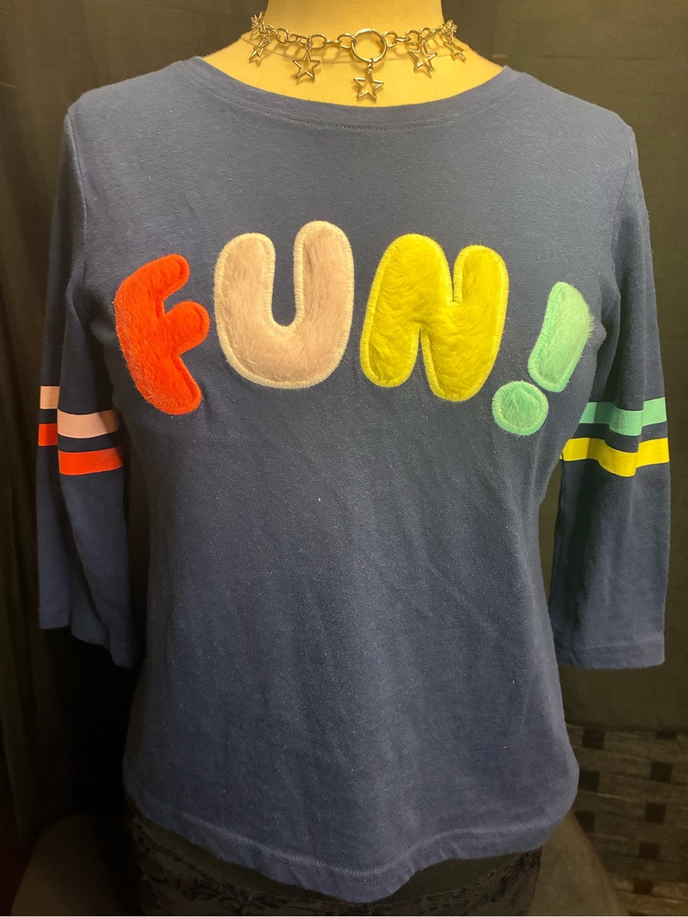 Arizona Jean Company Kids Navy Long Sleeve Tee with Colorful 'FUN!' Appliqué